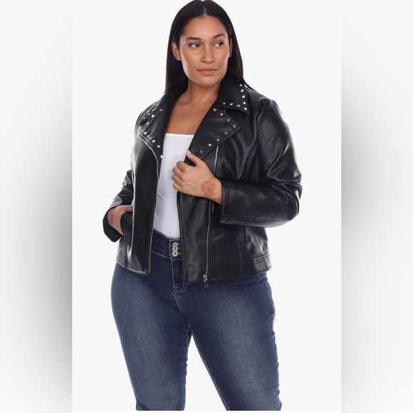 White Mark Black Faux Leather Studded Biker Waist Jacket Silver Accents … - Picture 5 of 16